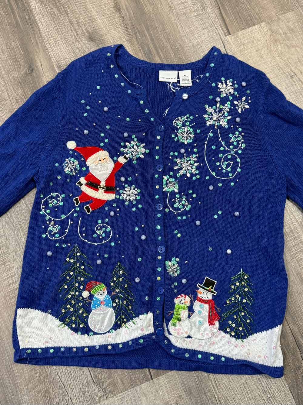 Vintage VTG Kim Rogers Rami knitted embroidered Christmas snowman XL cardigan